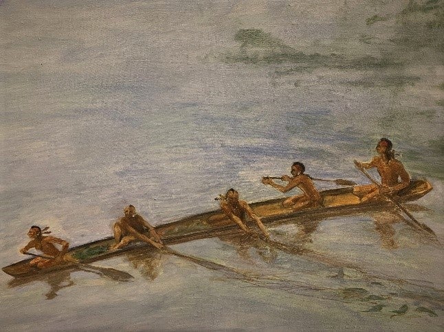 Painting of five American Indians in a canoe traveling on the river. 